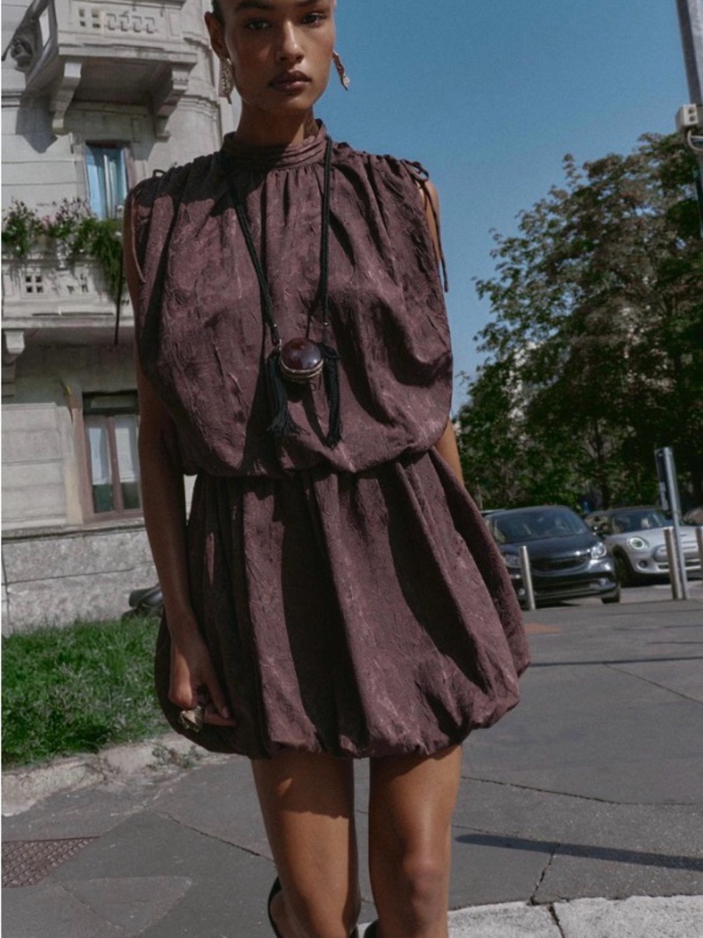 Zara Chocolate Brown Sleeveless Balloon-Hem Mini Dress